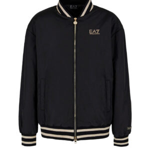 GA WOMEN WOVEN BOMBER BLACK JACKET WITH GOLD ON THE COLLAR AND ZIP - Image 1