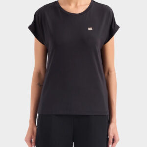 GIORGIO ARMANI WOMAN JERSEY BLACK ROUND NECK T-SHIRT WITH RHEINSTONE SHOULDER-M - Image 1