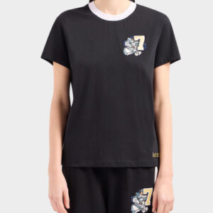GIORGIO ARMANI WOMAN JERSEY BLACK T-SHIRT WHT COLLAR + BLUE FLOWER - Image 1